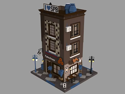 Charming Miniature Store Building With Pancakes Sign Tables Chairs And Street Lamps 3d model