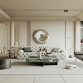 Modern Living Room Interior With Cream Sofa Round Mirror And Marble Coffee Table