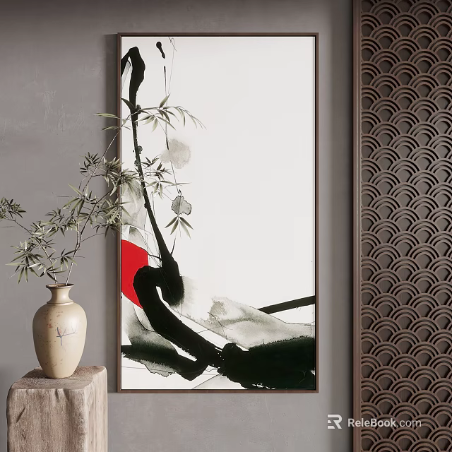 Chinese Ink Landscape Painting With Bamboo Red Accent Vase And Screen 3d model 