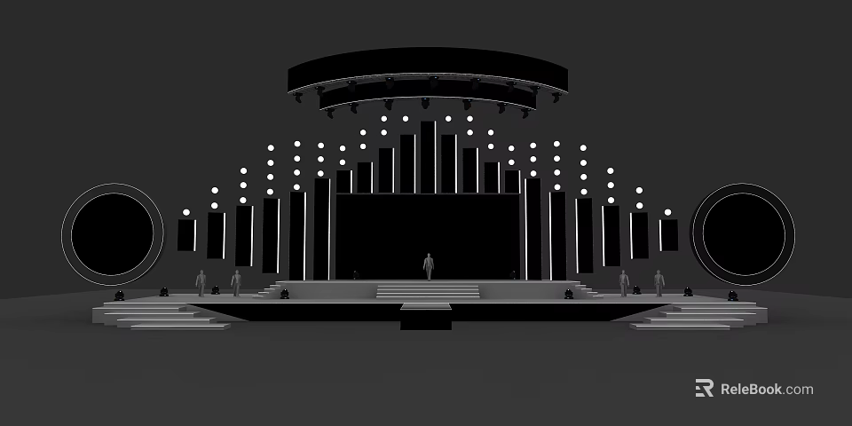 Modern Stage Setup with Circular Overhead Lights Multiple Rows Vertical Stripes Central Performer and Steps 3d model 