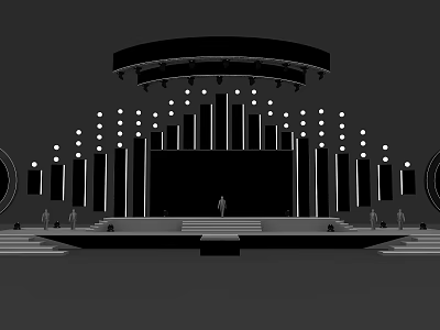 Modern Stage Setup with Circular Overhead Lights Multiple Rows Vertical Stripes Central Performer and Steps 3d model