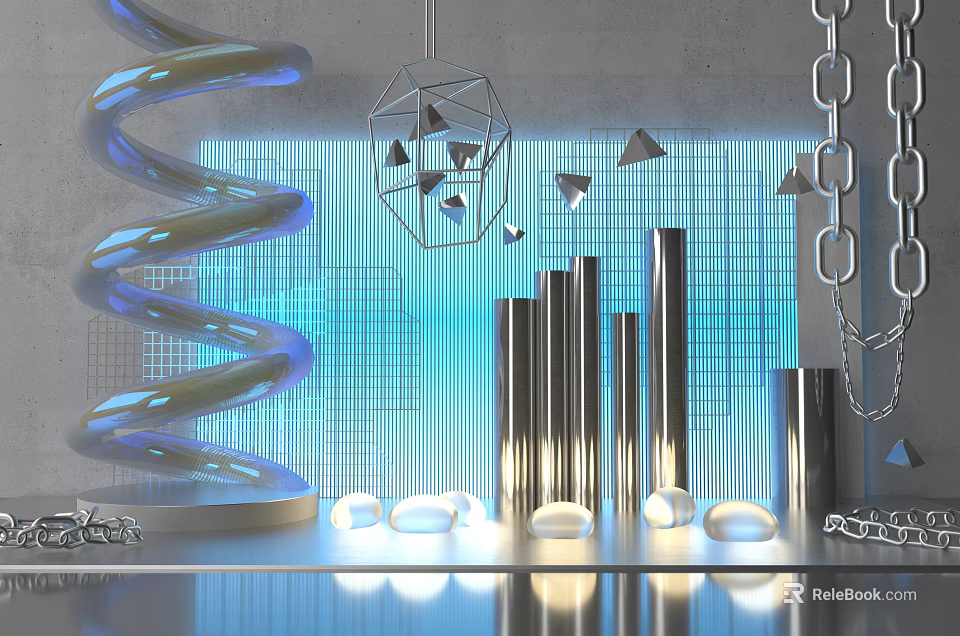Art Installation Featuring Spiral Blue Glowing Structure Geometric Pendant Lights Metal Columns And Chain Decorations 3d model 