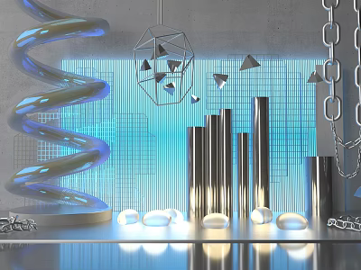 Art Installation Featuring Spiral Blue Glowing Structure Geometric Pendant Lights Metal Columns And Chain Decorations 3d model