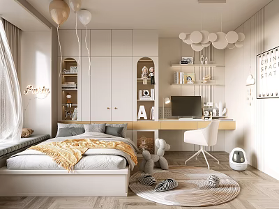 Cozy Tatami Bedroom Interior With Platform Bed Yellow Blanket Desk And Bookshelves 3d model