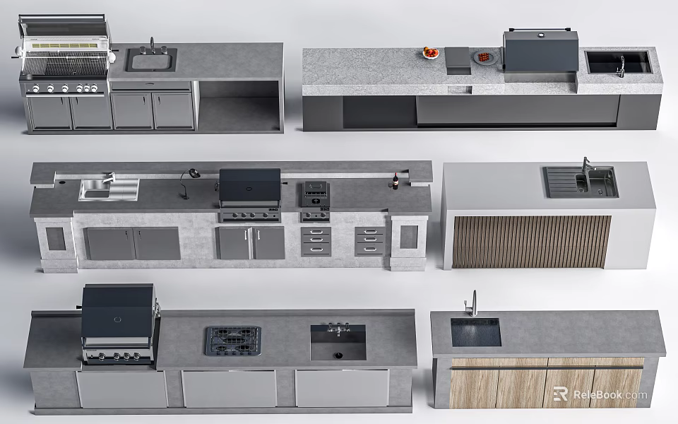 Modern Public Kitchen Facilities With Countertops Cabinets Sinks And Grill Layouts 3d model 
