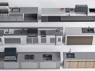 Modern Public Kitchen Facilities With Countertops Cabinets Sinks And Grill Layouts 3d model