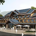 Waterfront Wooden Building Complex With Roofed Terraces And Scenic Surroundings