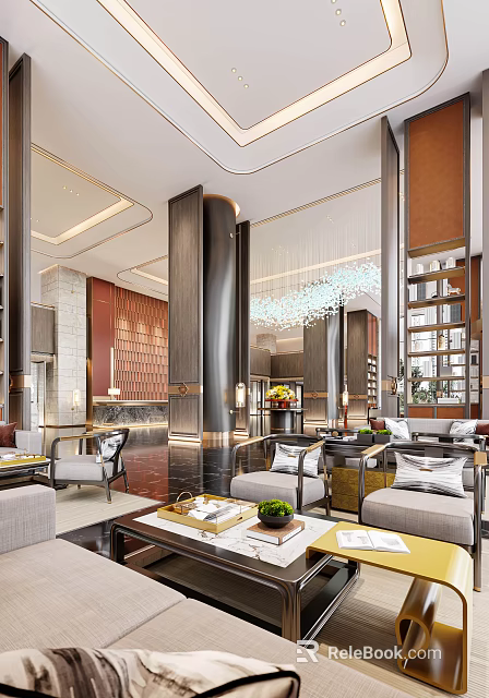 Elegant Modern Hotel Lobby Interior With Luxurious Chandelier Comfortable Sofas And Decorative Columns 3d model