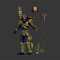 Ornate Armored Warrior Figure With Golden Blue Armor Red Helmet And Tentacle Weapon