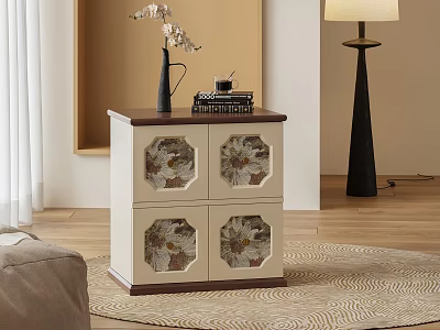 Modern Beige and Brown Bedside Table with Floral Patterned Doors and Vase with Flowers 3d model