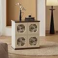 Modern Beige and Brown Bedside Table with Floral Patterned Doors and Vase with Flowers