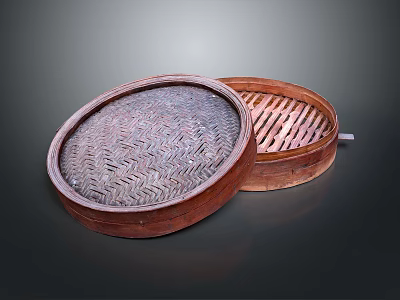 Traditional Bamboo Steamer Kitchenware for Cooking with Weave Lid and Wooden Frame 3d model