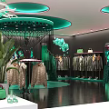 Stylish Fashion Clothing Store Interior With Green Lighting Clothing Displays And Decorative Backdrops