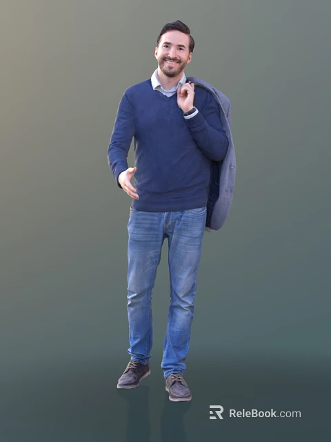 Man Standing In Green Background Wearing Dark Blue Sweater And Blue Jeans Holding Gray Coat 3d model 