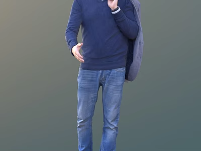 Man Standing In Green Background Wearing Dark Blue Sweater And Blue Jeans Holding Gray Coat 3d model