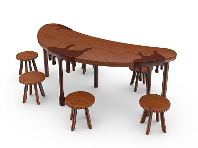 Kids Wooden Table with Curved Design Animal Patterns and Matching Small Stools 3d model