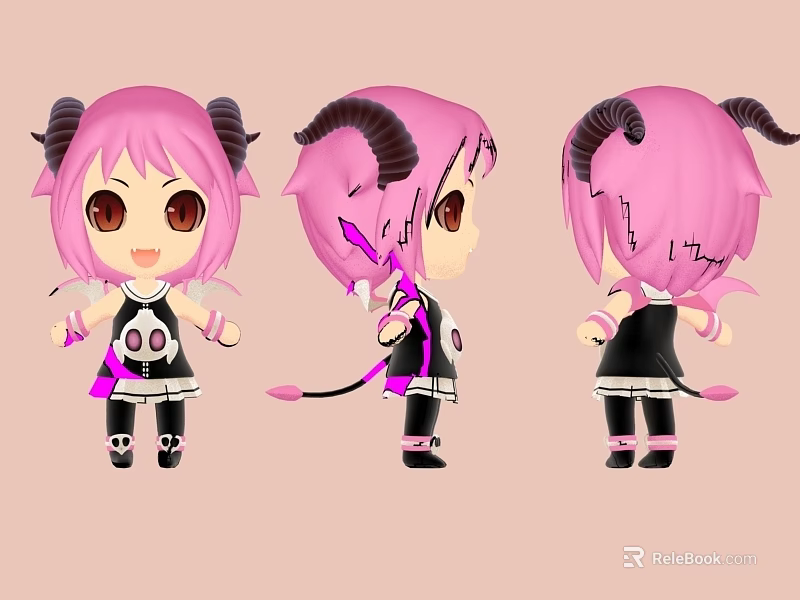 Chibi Style Game Movie Character With Pink Hair Black Horns And Tail 3d model 
