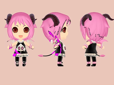 Chibi Style Game Movie Character With Pink Hair Black Horns And Tail 3d model