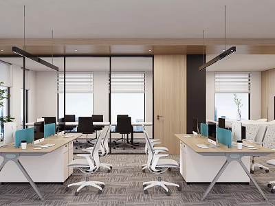 Modern Public Office Area Interior With Workstations Ergonomic Chairs Computers And Large Windows 3d model