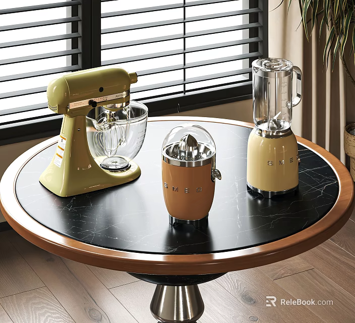 Vintage Colored Kitchen Appliances On Round Wooden Table With Blender Juicer And Mixer 3d model 