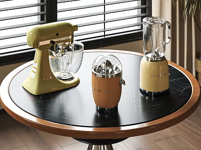 Vintage Colored Kitchen Appliances On Round Wooden Table With Blender Juicer And Mixer 3d model