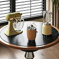 Vintage Colored Kitchen Appliances On Round Wooden Table With Blender Juicer And Mixer