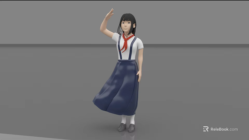 Woman In White Top Red Scarf And Dark Blue Pinafore Dress With Right Hand Raised 3d model 