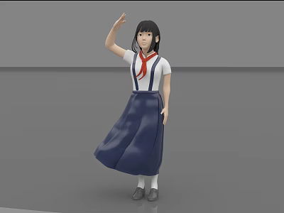 Woman In White Top Red Scarf And Dark Blue Pinafore Dress With Right Hand Raised 3d model