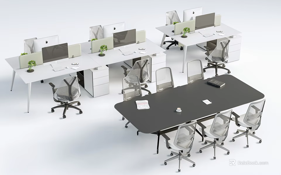 Modern Office Desks with Computer Monitors Green Plants and Ergonomic Chairs in Open Workspace 3d model 