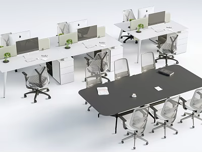 Modern Office Desks with Computer Monitors Green Plants and Ergonomic Chairs in Open Workspace 3d model