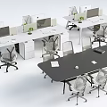 Modern Office Desks with Computer Monitors Green Plants and Ergonomic Chairs in Open Workspace