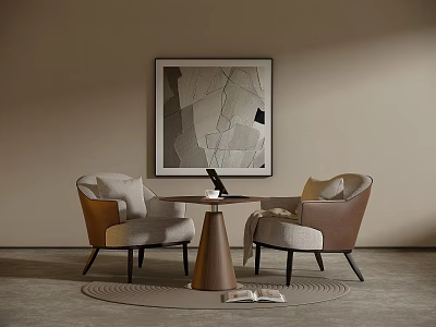 Modern Living Room Interior With Round Table Beige Brown Armchairs And Wall Artwork 3d model