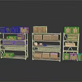 Scenic Landscape With Three Metal Shelves Holding Wooden Crates And Stacked Books