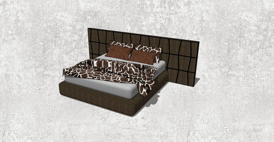 Modern Double Bed With Grid Patterned Headboard And Giraffe Print Bedding 3d model