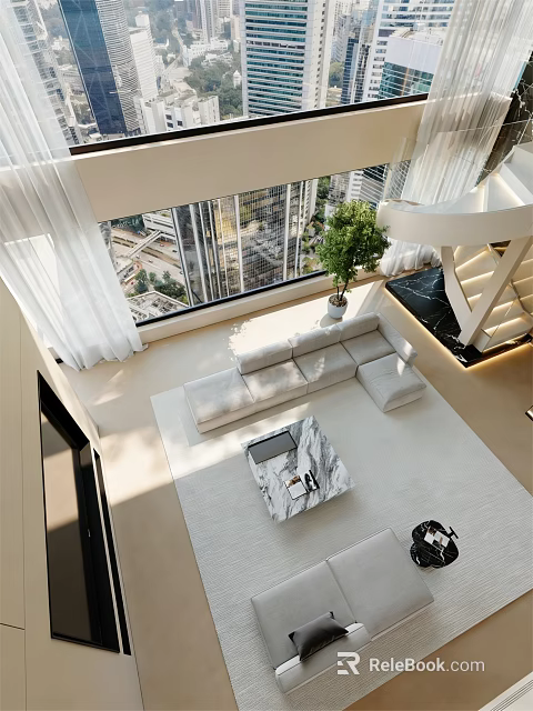 Modern Bright High Rise Living Room With Comfortable Sofa Large Window Overlooking Beautiful City View 3d model 