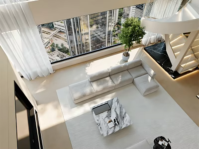 Modern Bright High Rise Living Room With Comfortable Sofa Large Window Overlooking Beautiful City View 3d model
