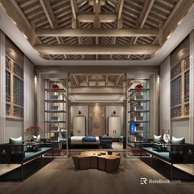 Traditional Chinese Hotel Guest Room Interior With Ornate Wooden Ceiling Bookshelves Sofas And Coffee Table 3d model 