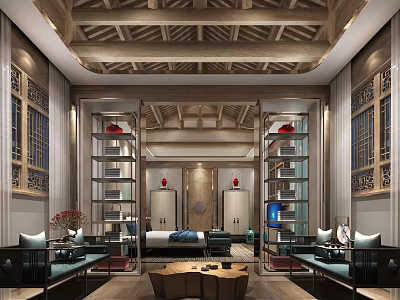 Traditional Chinese Hotel Guest Room Interior With Ornate Wooden Ceiling Bookshelves Sofas And Coffee Table 3d model