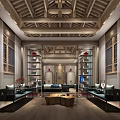 Traditional Chinese Hotel Guest Room Interior With Ornate Wooden Ceiling Bookshelves Sofas And Coffee Table