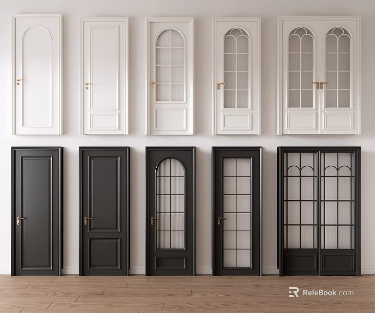 Stylish White And Black Hinged Doors With Arched Glass Panel Designs 3d model 