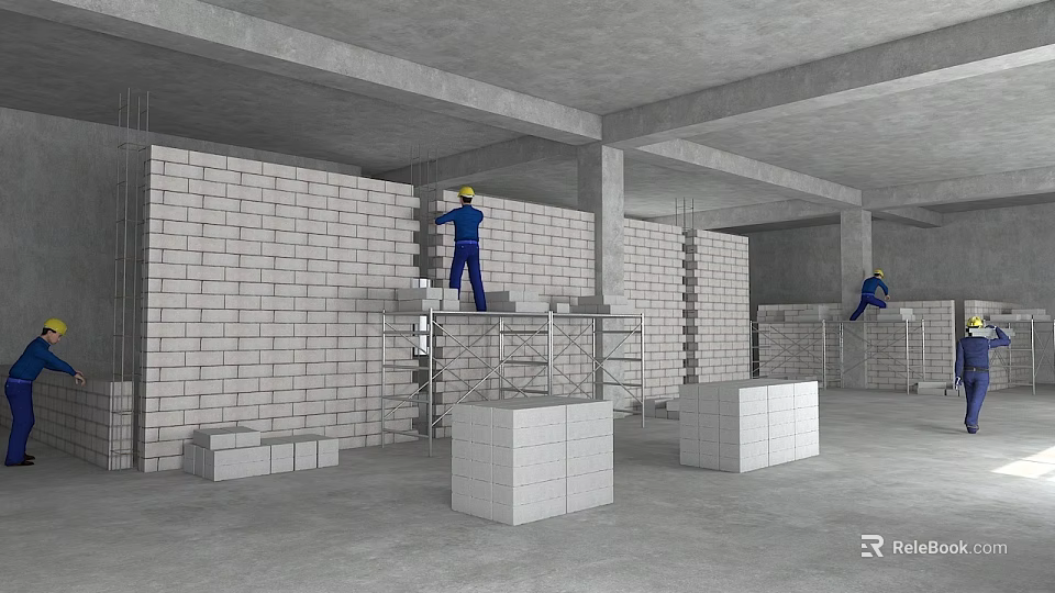 Brick Wall Construction Site With Scaffolding And Workers Laying Building Bricks 3d model