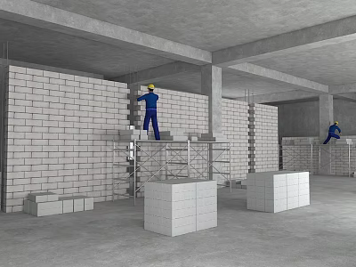 Brick Wall Construction Site With Scaffolding And Workers Laying Building Bricks 3d model