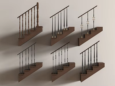 Various Stair Railings Designs With Wooden Steps And Decorative Metal Balusters 3d model