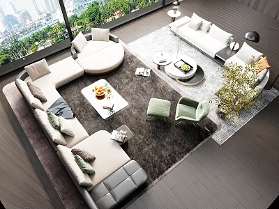 Modern Living Room Sofa And Coffee Table Set With City View And Green Plants 3d model
