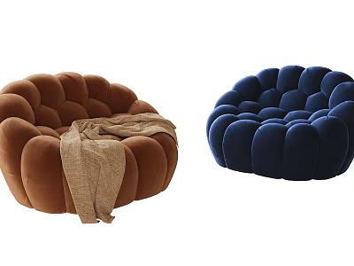 Comfortable Pumpkin Shaped Bean Bag Chair in Brown and Blue with Soft Throw 3d model