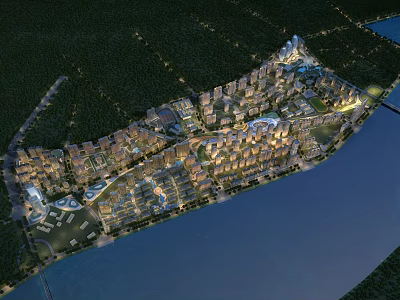 Aerial View Planning of Waterfront Urban Development with Illuminated Buildings and Green Spaces 3d model