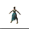 Muscular Female Warrior Character in Blue Gold Outfit with Green Accessories and Intricate Patterns