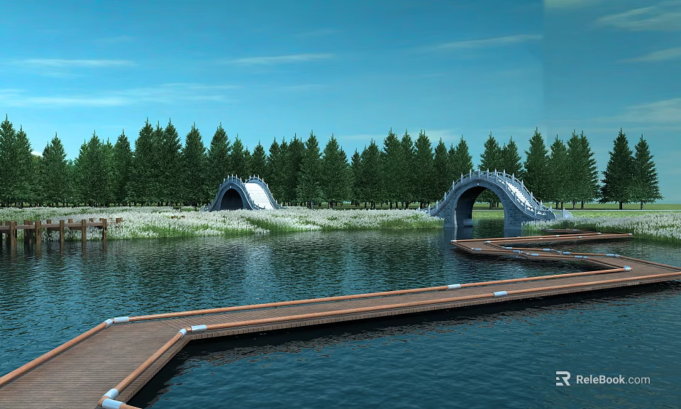 Two Arch Bridges Over Calm River Surrounded by Green Trees With Wooden Walkway 3d model 