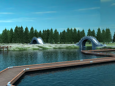 Two Arch Bridges Over Calm River Surrounded by Green Trees With Wooden Walkway 3d model