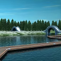 Two Arch Bridges Over Calm River Surrounded by Green Trees With Wooden Walkway 3d model